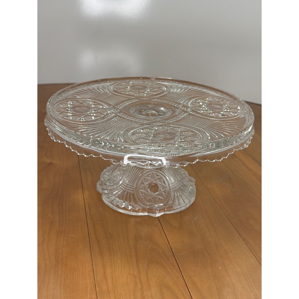 Antique EAPG Starred Loop Pedestal Cake Stand George Duncan Sons 10" Wheat Glass
